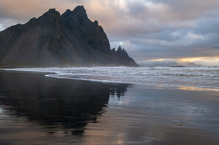 Sunrise Stokksnes cape sea beach and Vestrahorn Mountain with it, a Nature Photo by YuriyB