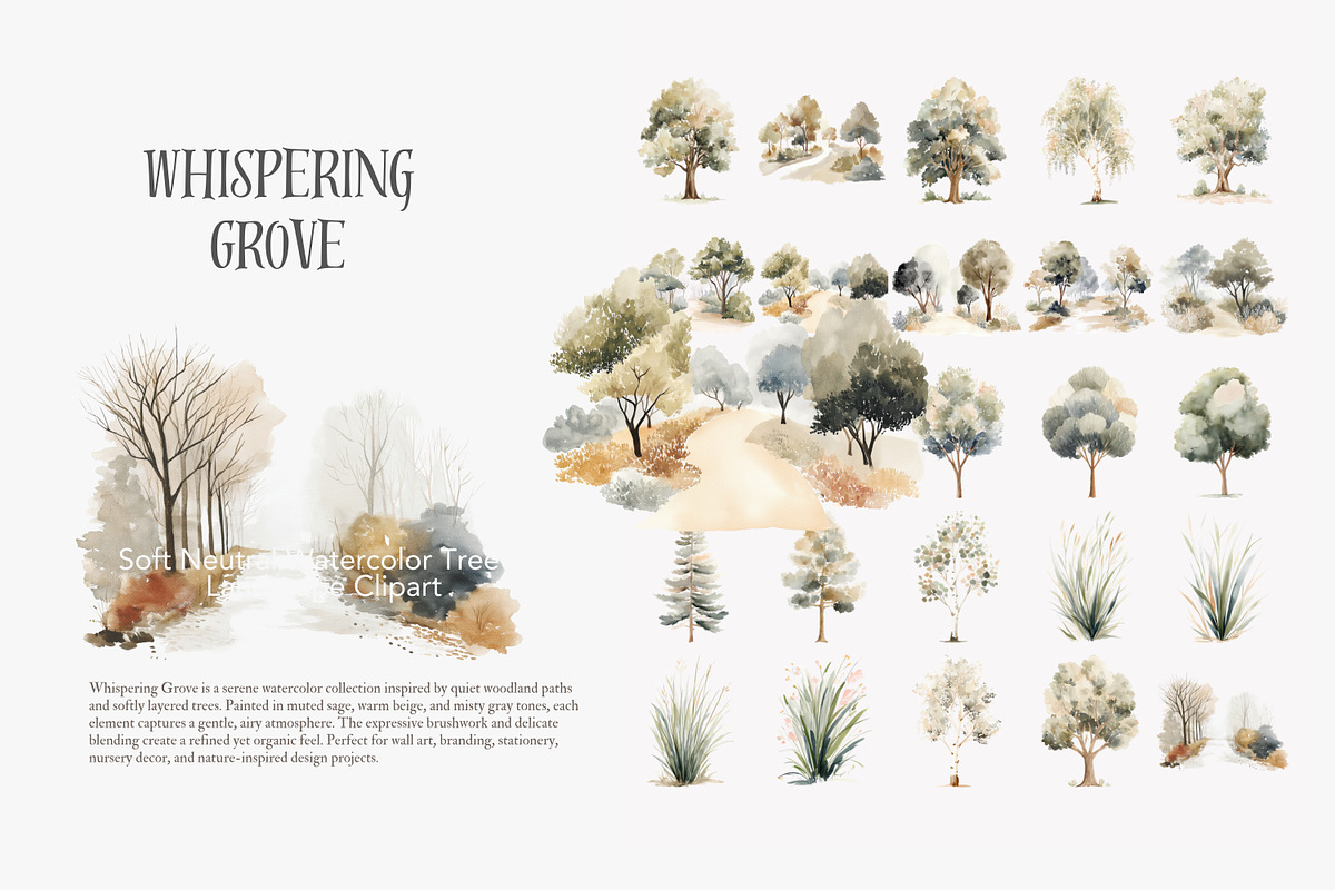 Neutral watercolor tree clipart set, a Decorative Illustration by Patishop Art (Photo 8 of 8)