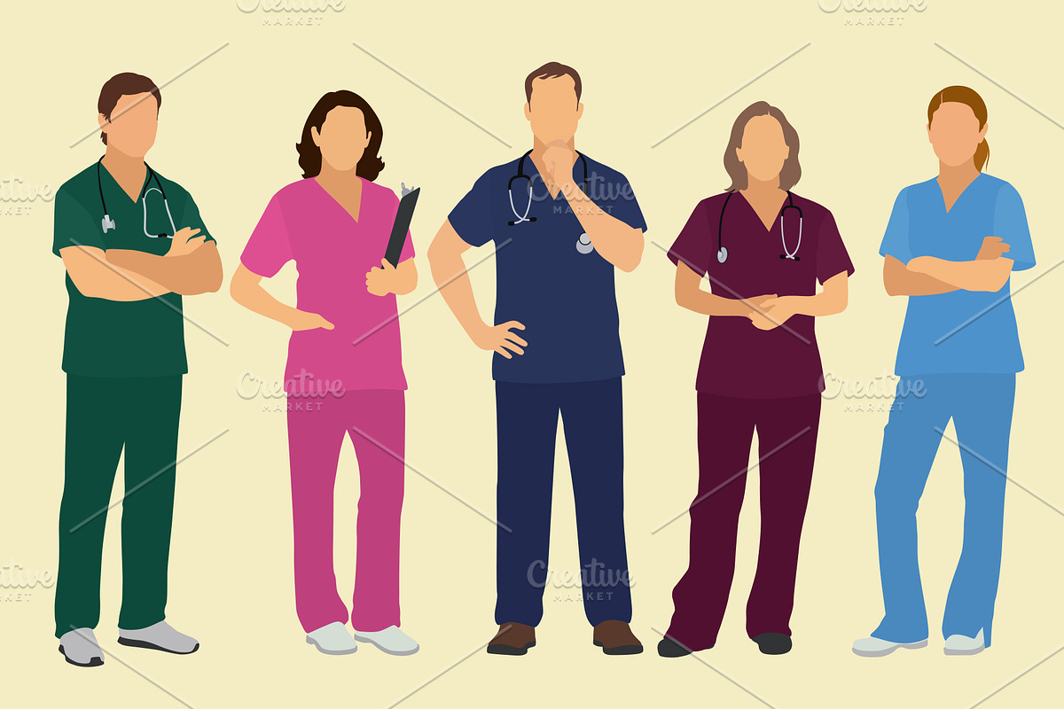 White Caucasian Doctors in Scrubs, a Healthcare Illustration by Ellegant Media