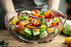 Male hands holding bowl with fresh vegetables salad, organic healthy food, a Food & Drink Photo by AlyaAnd
