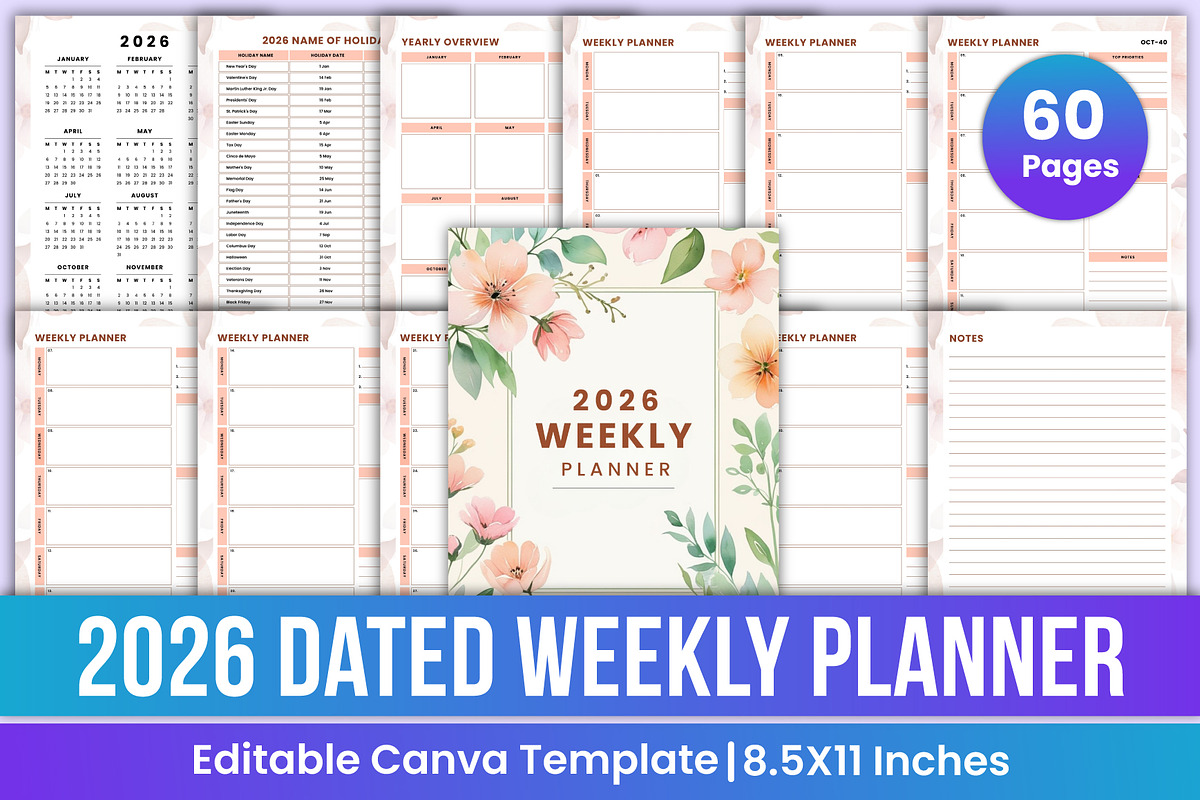2026 Dated Weekly Planner Canva, a Stationery Template by Mustafiz (Photo 1 of 5)