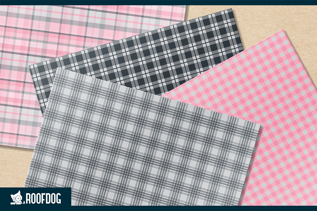 Pink and gray plaid digital paper, a Pattern Graphic by Roofdog Design