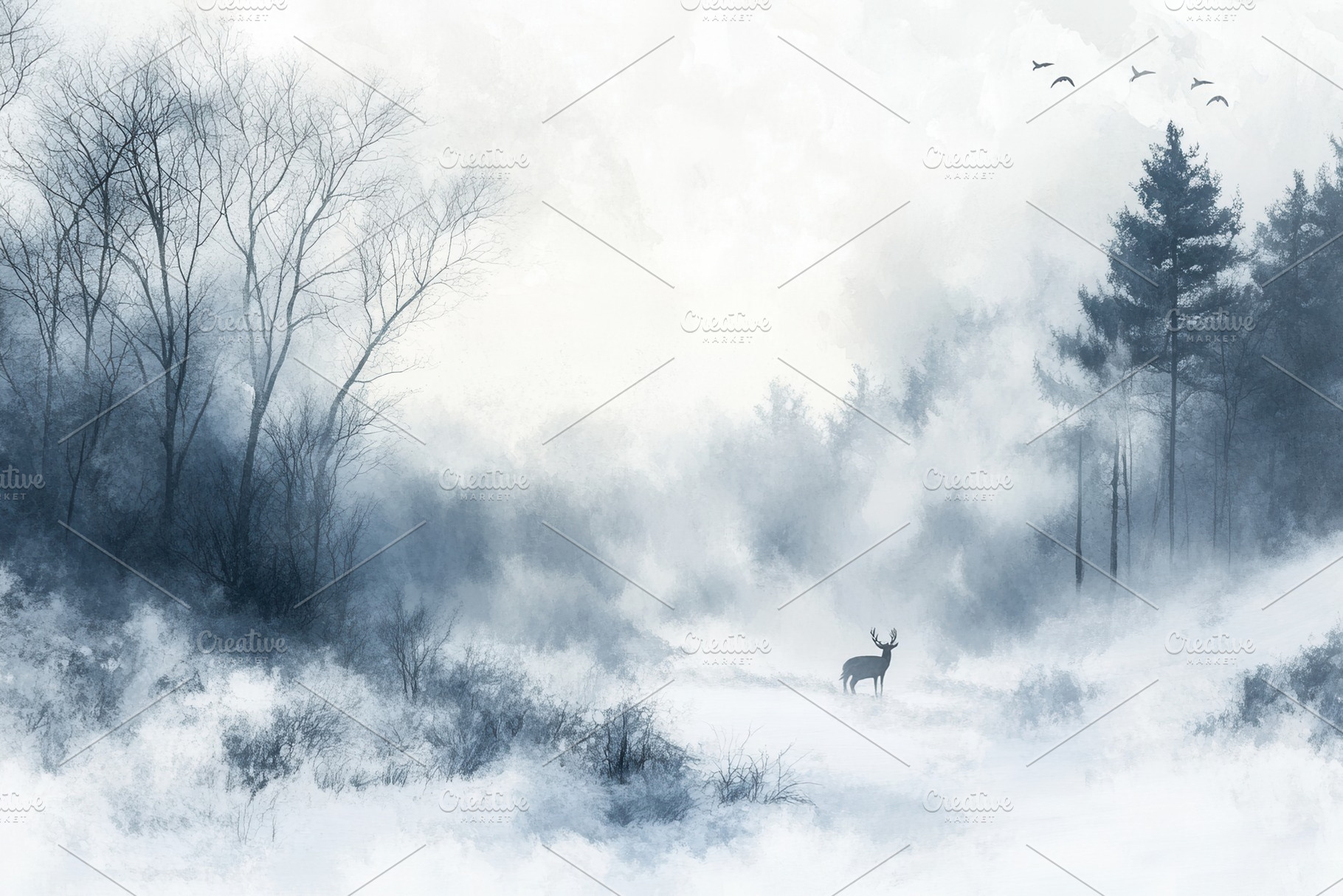Watercolor painting of foggy forest, a Photo by Pavel_design