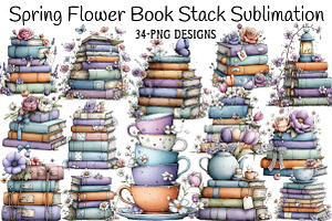 Spring Flower Book Stack Sublimation, an Illustration by Daily.Designs
