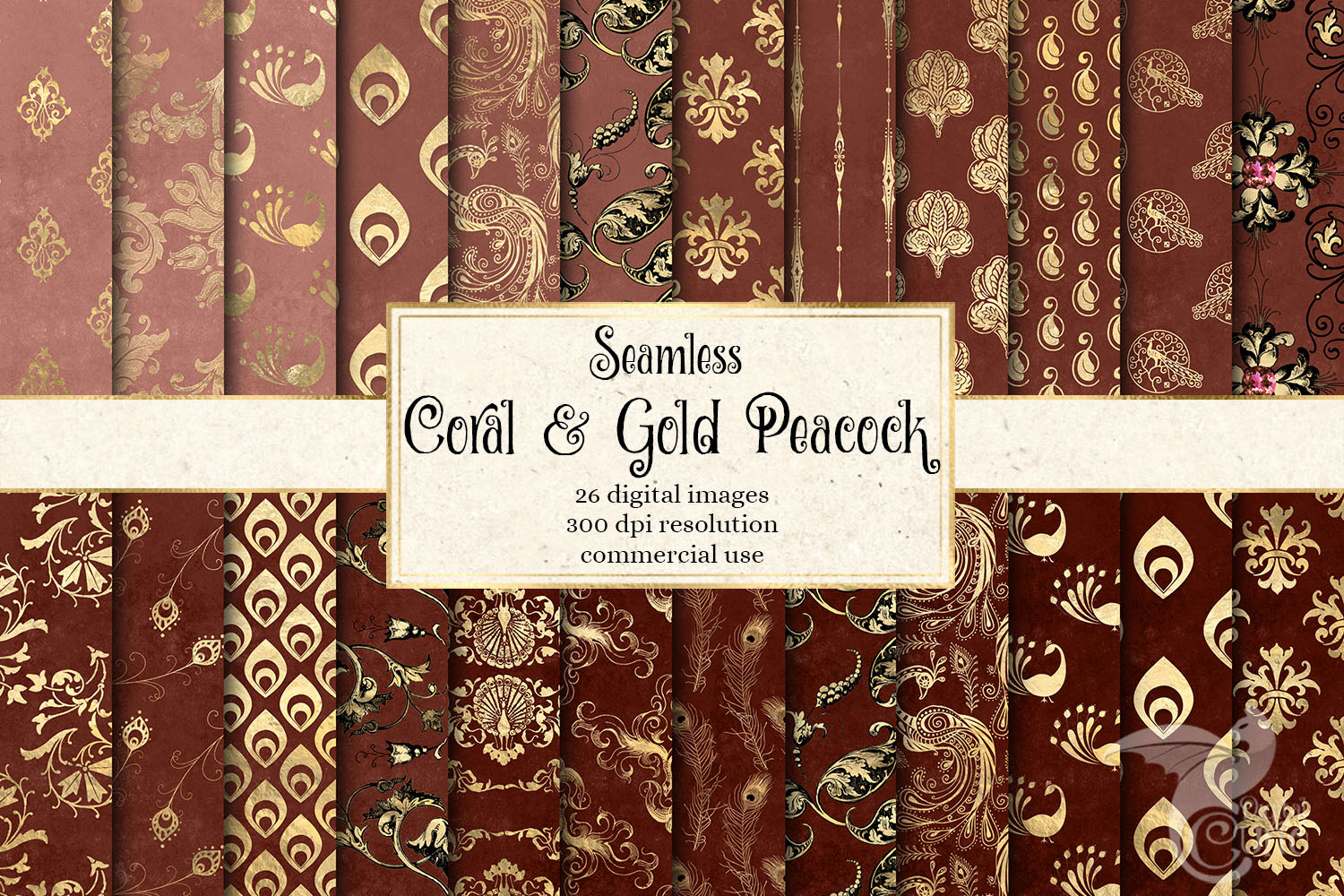Coral & Gold Peacock Digital Paper, a Pattern Graphic by Digital Curio