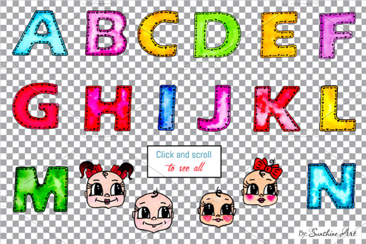 Watercolor Kids Alphabet, Cute Faces, a Decorative Illustration by Sunshine Art Shop (Photo 3 of 4)