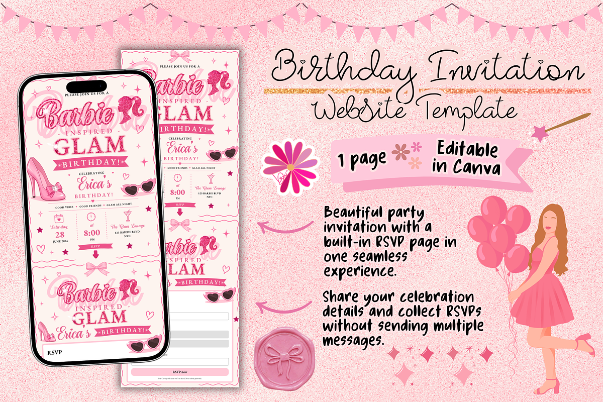 Glam Barbie Inspired Birthday RSVP, a Social Media Template by bellaROSEworkshop (Photo 1 of 5)