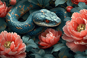 Blue Snake And Red Peony Flowers.