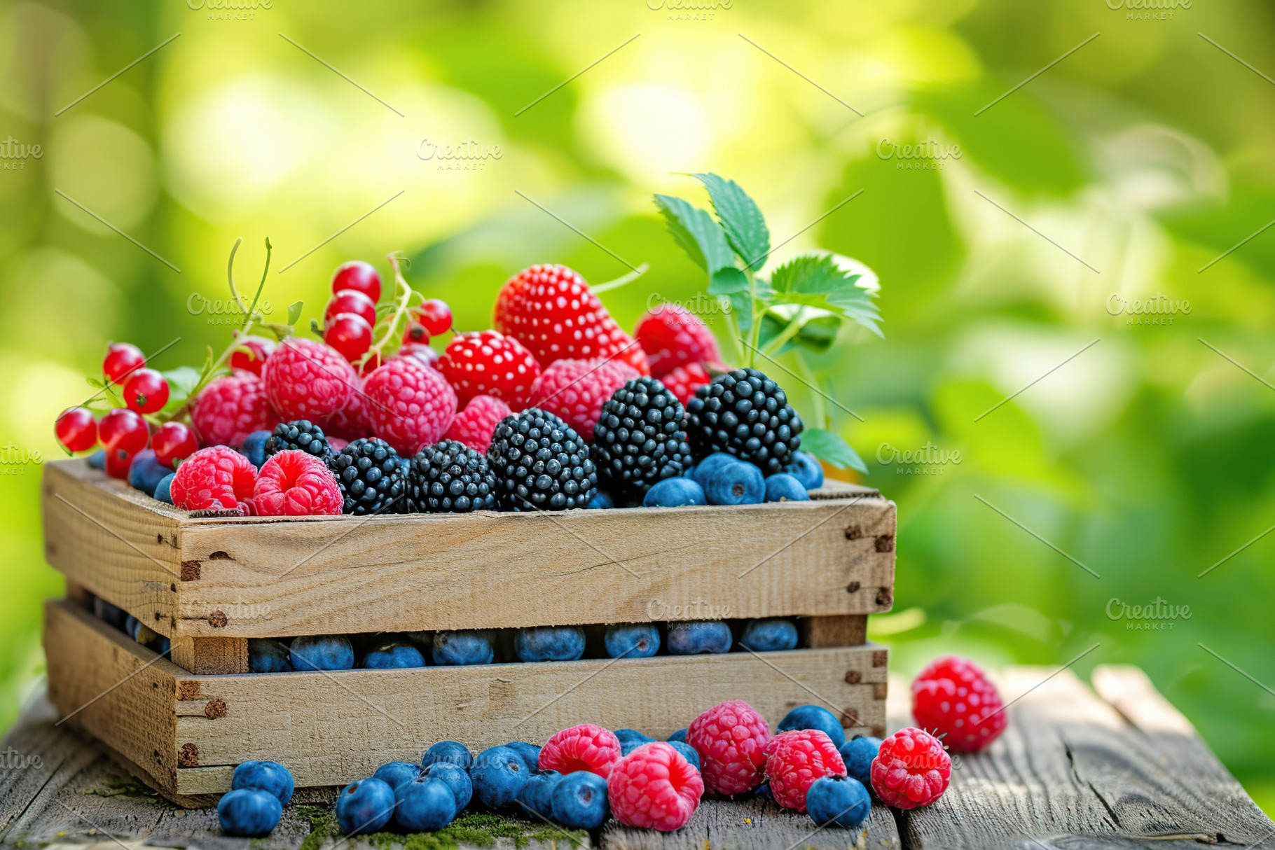 Fresh ripe berries in wooden crate on blurred green background, a Food & Drink Photo by AlyaAnd