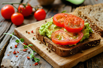 Toast bread with avocado puree and tomatoes on wooden table. Vegetarian food., a Food & Drink Photo by AlyaAnd