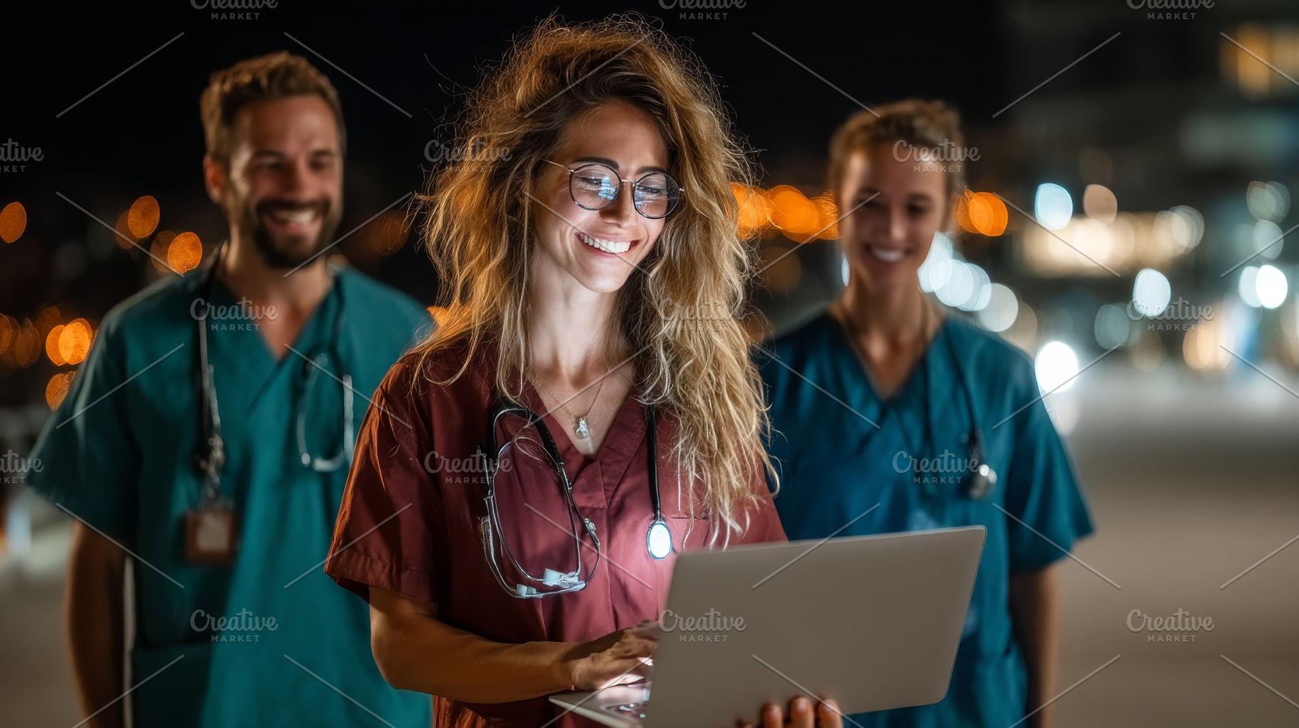Healthcare professionals using a laptop during nighttime teamwork in a hospital, a Health & Medical Photo by AS photostudio
