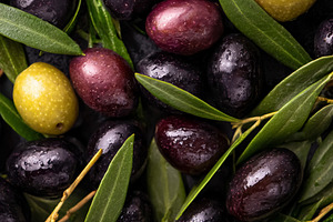 Assorted olives and green leaves creating a rich texture, repres, a Photo by Studio ANNA