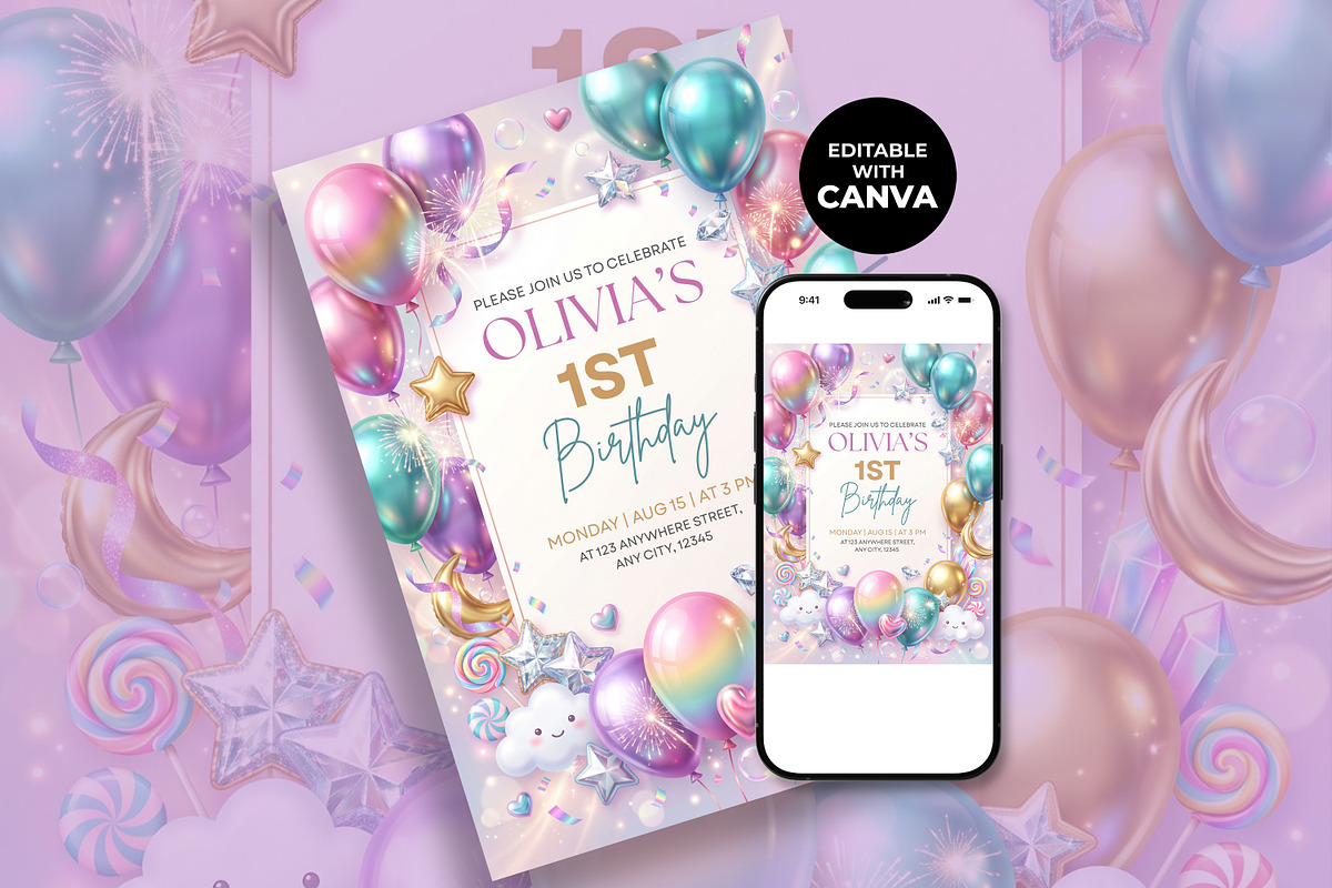 Pastel Balloon 1st Birthday Invitati, an Invitation Template by M9 Design (Photo 2 of 4)