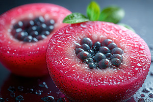Freshly cut watermelon halves gliste, a Photo by Tanuart