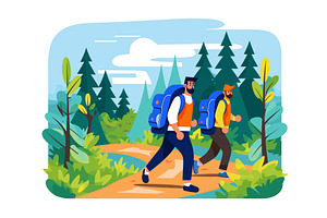 Two male hikers trekking through, a Sport Illustration by Vectorstockersland