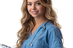 A young blonde female nurse in blue scrubs smiles confidently while holding a c, a Person Photo by ImageMir