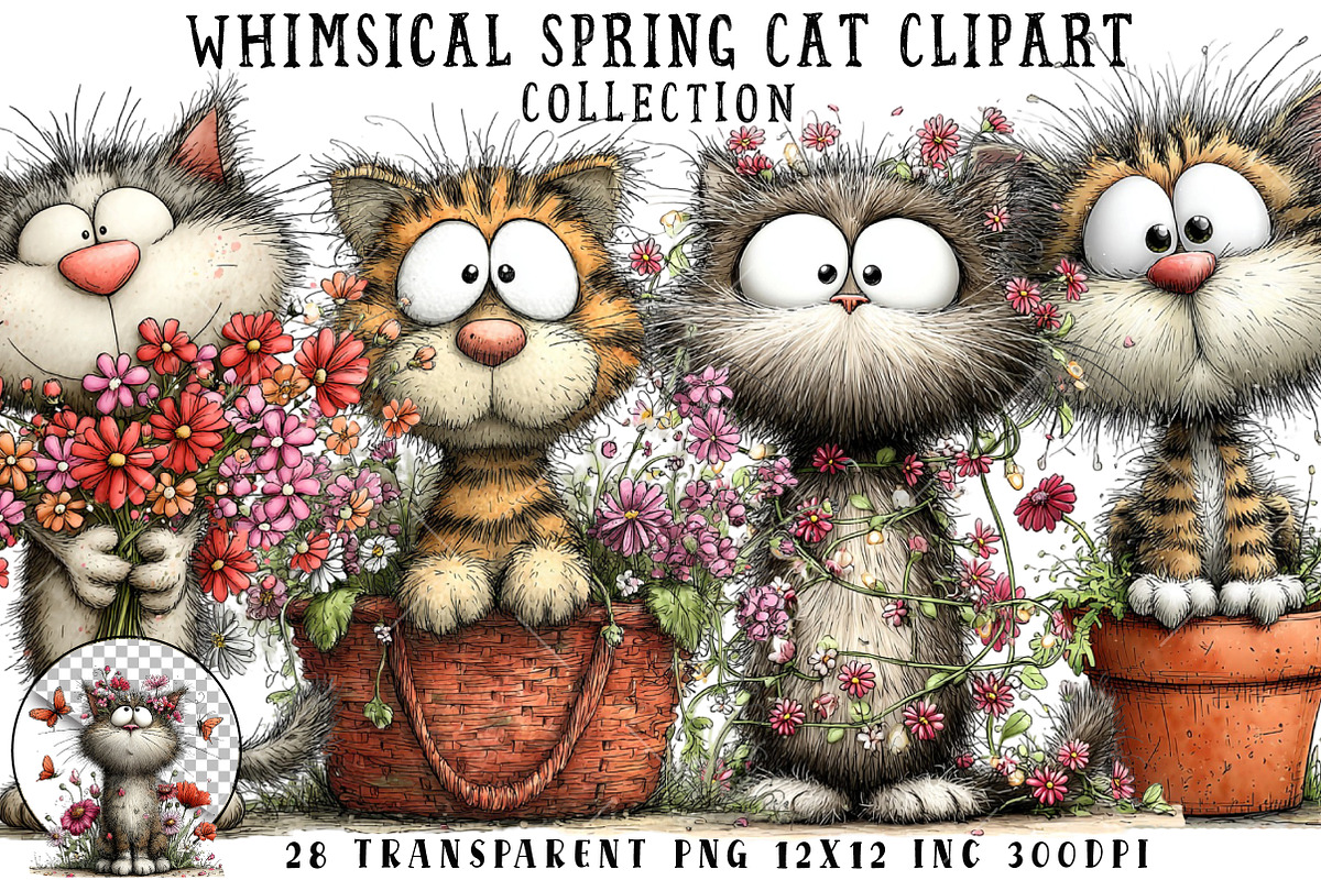 Whimsical Spring Cat Clipart, an Illustration by OK Design (Photo 1 of 6)