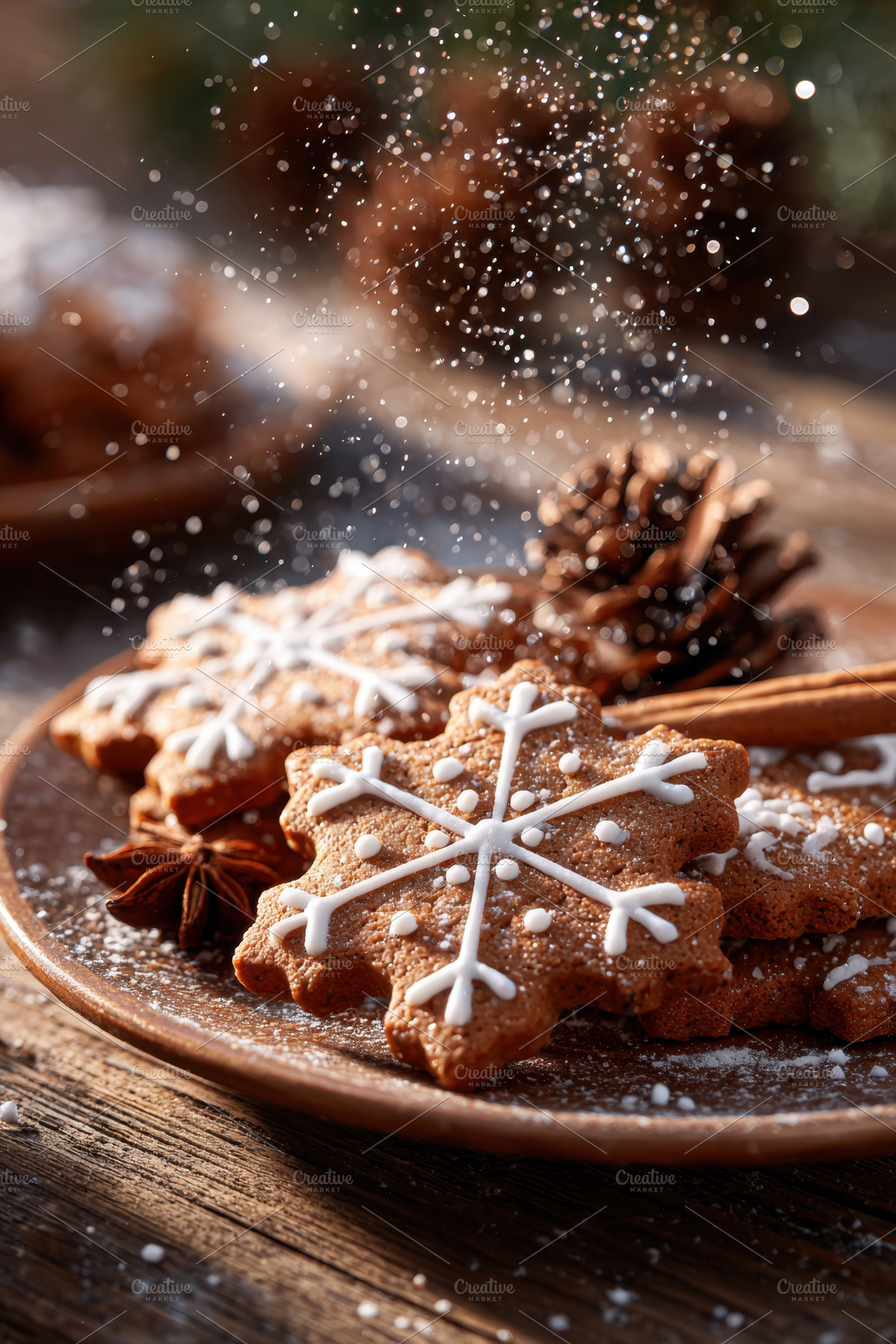 Festive snowflake gingerbread cookies on a plate, a Holiday Photo by AlyaAnd