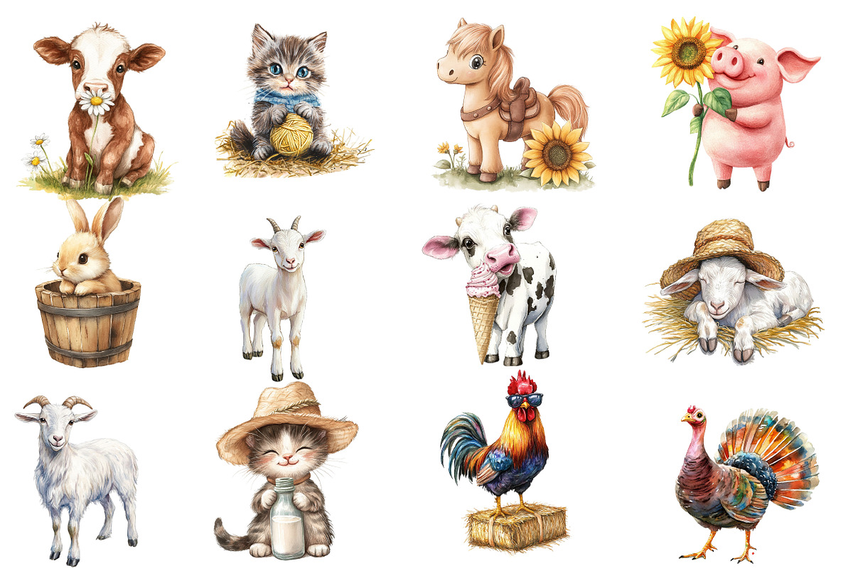 WatercolorCute Farm Clipart, Animals, an Animal Illustration by Designworld (Photo 3 of 7)