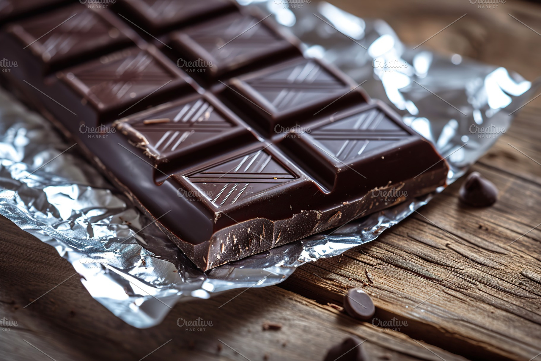 Black chocolate bar in foil on wooden background, a Food & Drink Photo by AlyaAnd