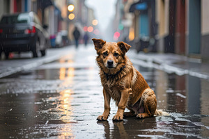 Abandoned wet dog on rainy city street, an Animal Photo by Davizro's Market