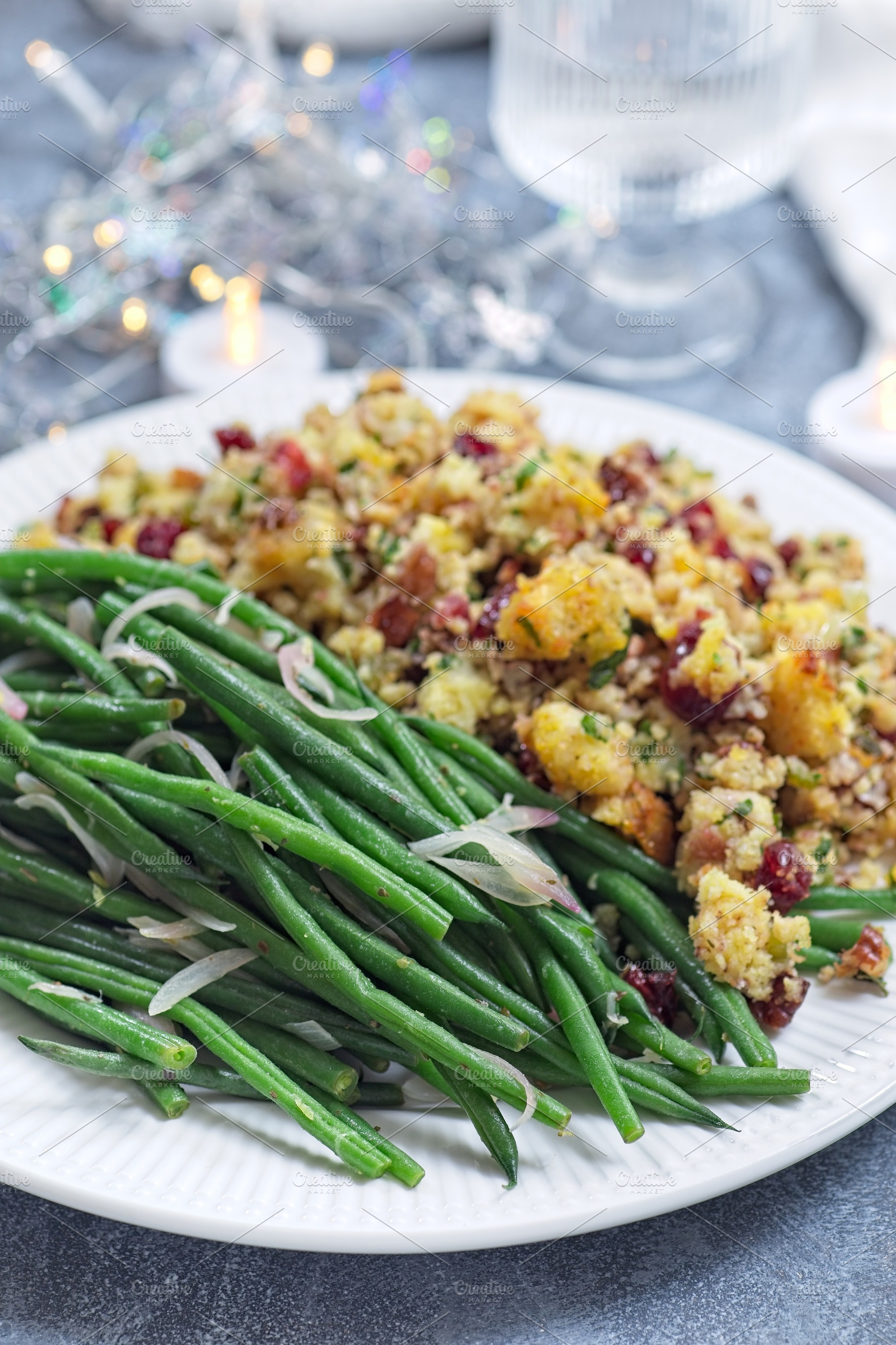 Green beans with caramelized shallots and Traditional Cranberry pecan cornbread, a Food & Drink Photo by iuliia_n