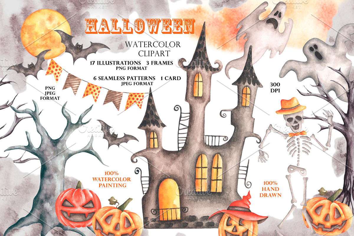 Halloween watercolor set. Pumpkins., a Seasonal Illustration by SabinaWatercolorArt (Photo 1 of 14)