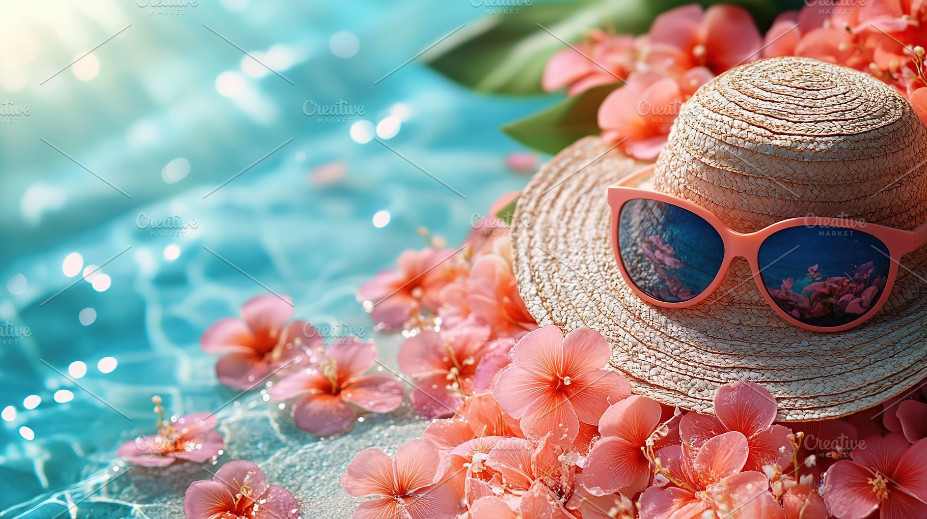 Summer hat with sunglasses surrounded by tropical flowers by a sparkling pool, a Beauty & Fashion Photo by AlyaAnd