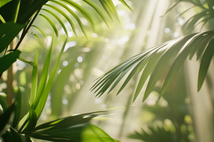 Lush green tropical palm leaves with, a Photo by Dvoevnore photos