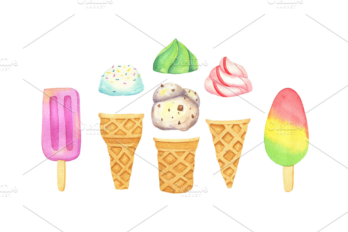 Watercolor Ice Cream clipart., a Decorative Illustration by Kattarina Po (Photo 3 of 9)