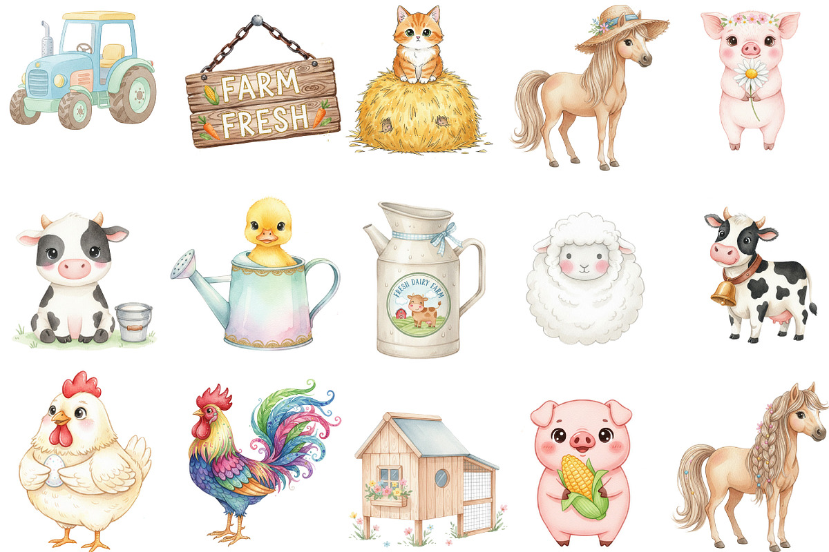 Watercolor Cute Farm Clipart, an Illustration by Designking (Photo 3 of 5)