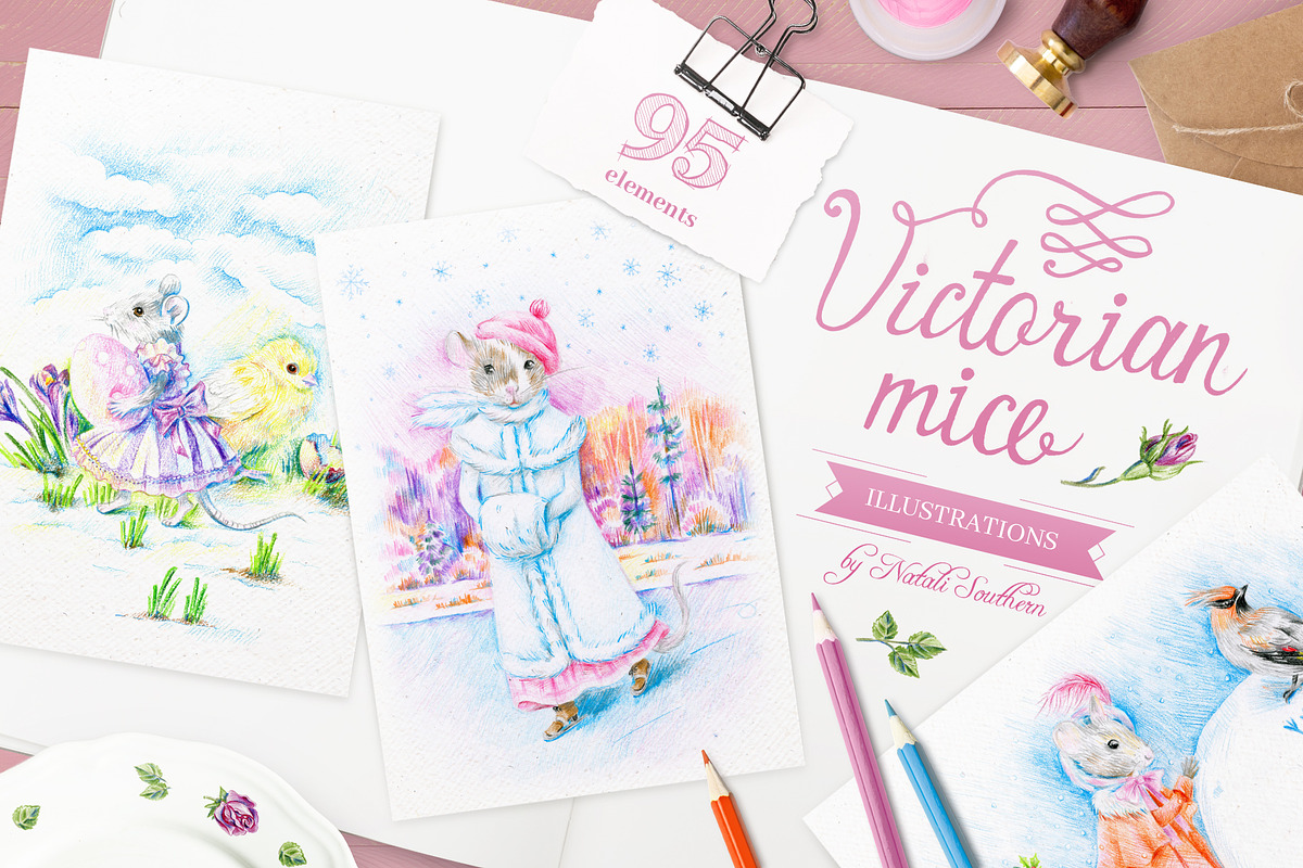 Cute Victorian mice illustrations, a Background Graphic by Art by Lady Natali (Photo 1 of 18)