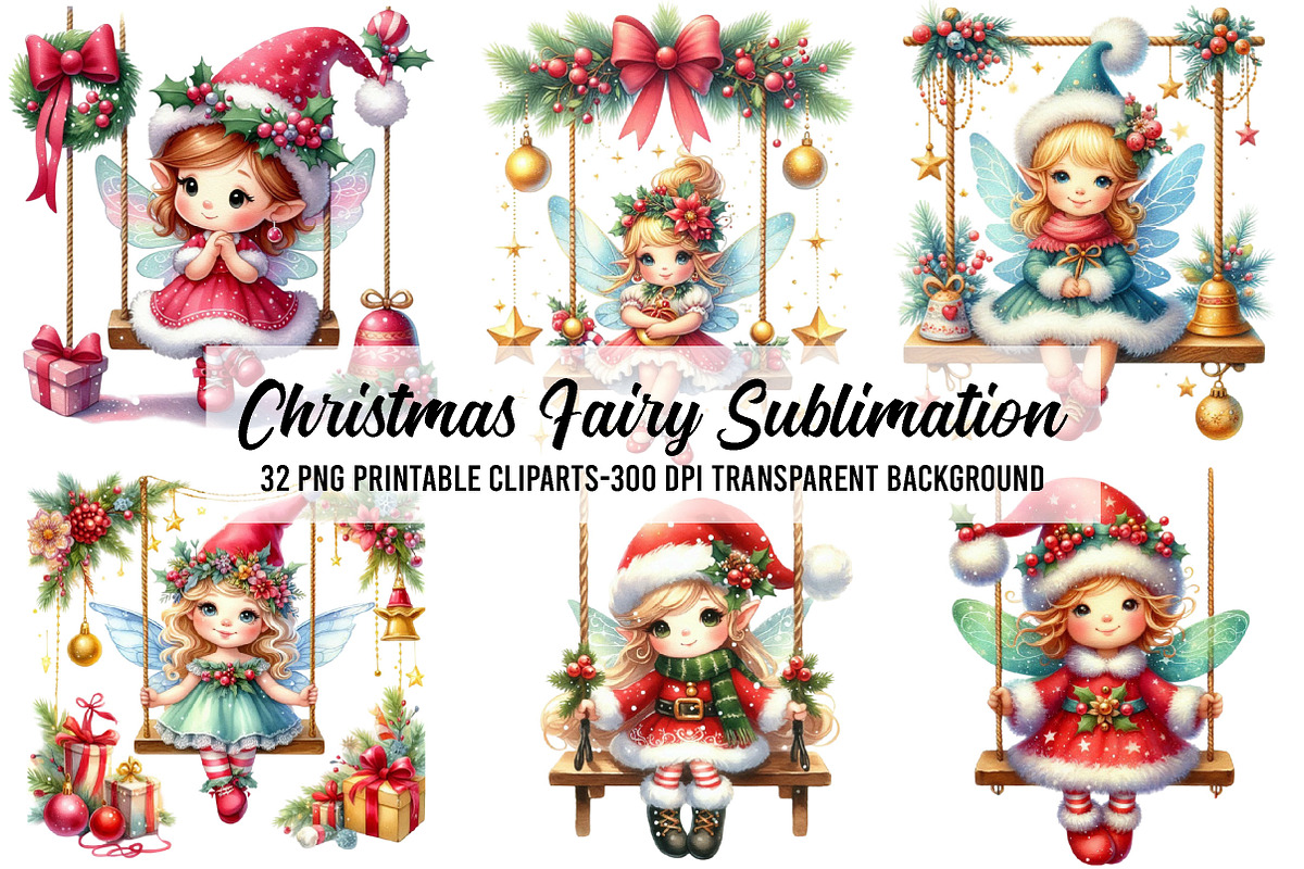 Christmas Fairy on Swing Sublimation, a Seasonal Illustration by Libby Wishes (Photo 1 of 5)