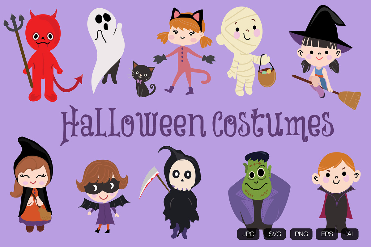 10 Halloween Costumes Hand Drawn, an Object Graphic by vintagio