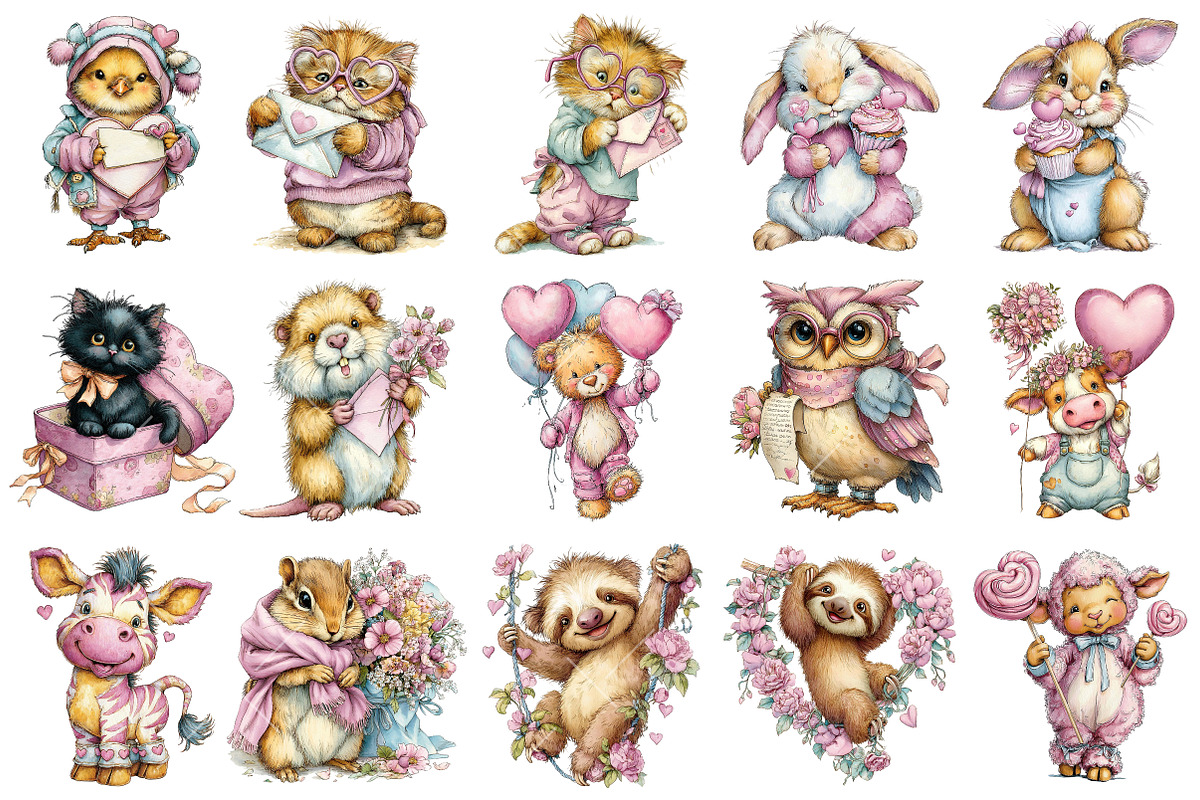 Whimsical Valentine Animals Clipart, an Illustration by OK Design (Photo 3 of 6)