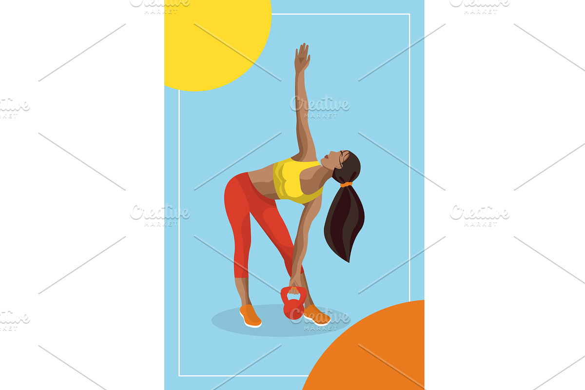 Dynamic fitness woman stretches with, a Sport Illustration by okskukuruza