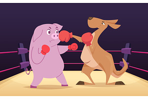 Animal boxing. kangaroo and pig, an Animal Illustration by Onyx