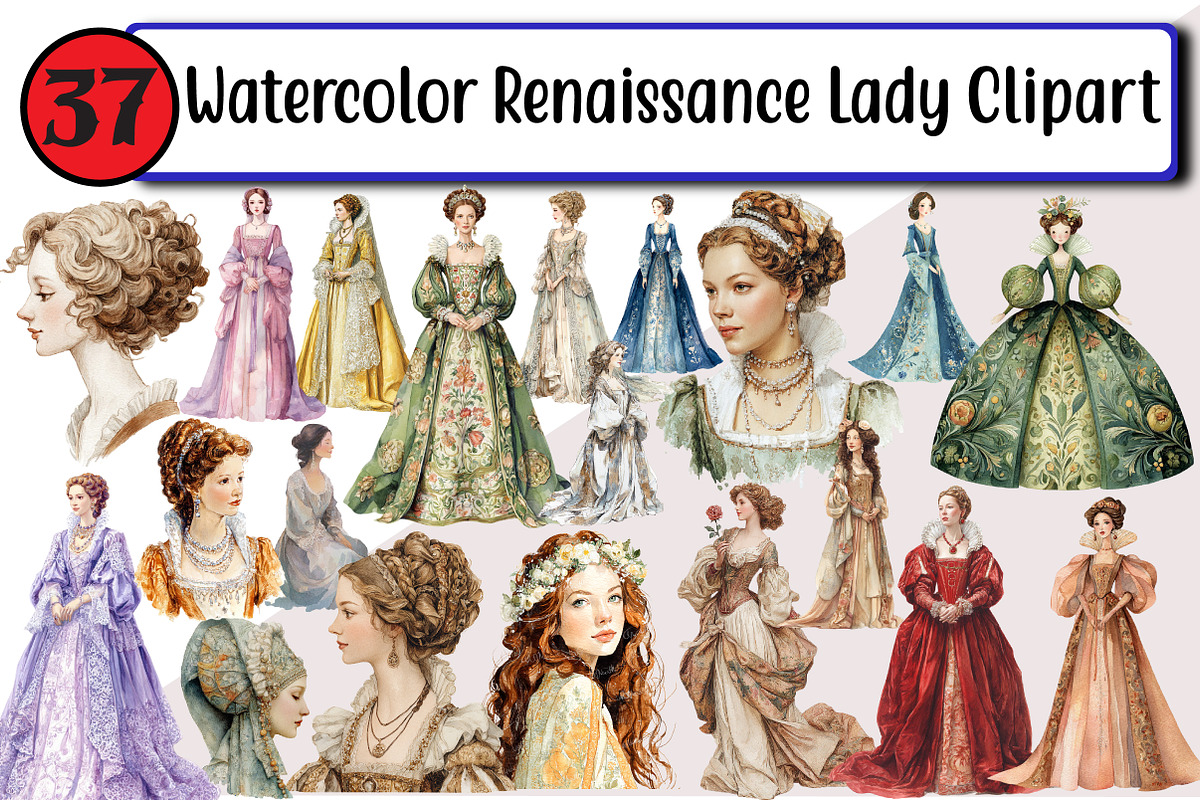 Watercolor Renaissance Lady Clipart, an Illustration by Design Market (Photo 1 of 3)
