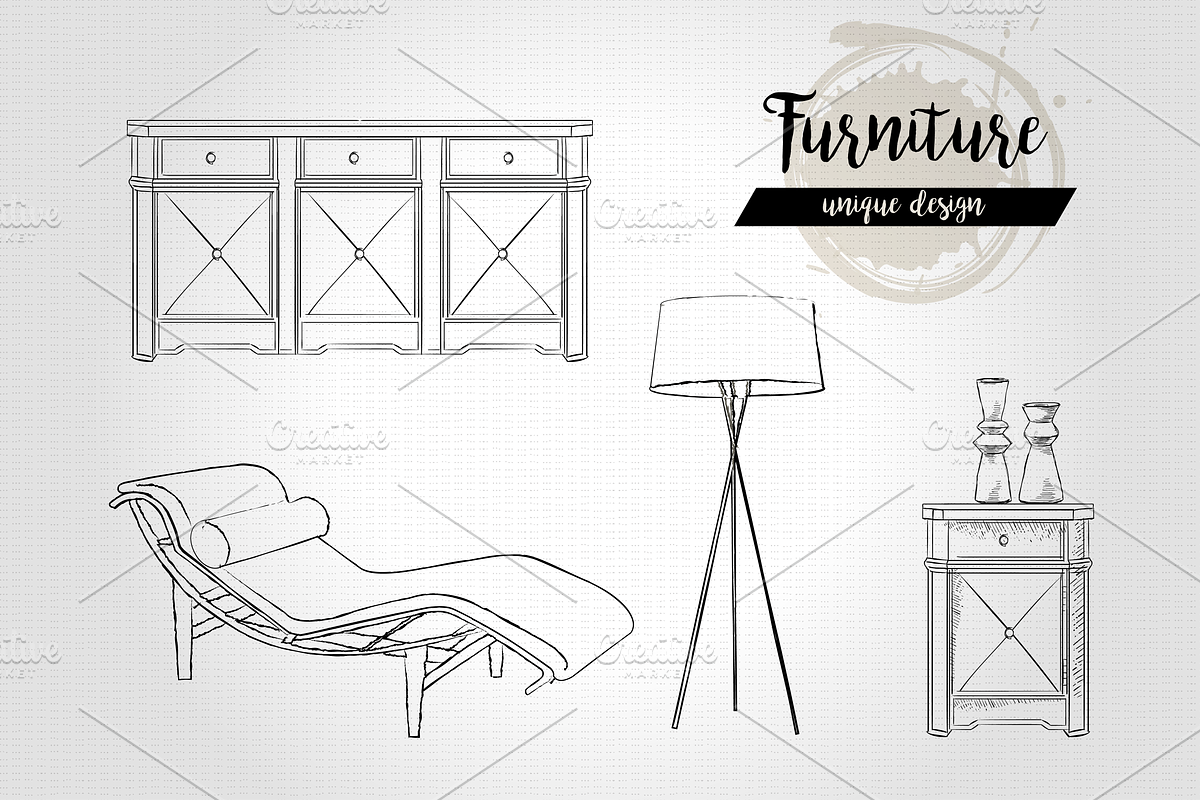 Furniture Hand drawn Vector set#3, a Decorative Illustration by Alltruecolours (Photo 2 of 4)