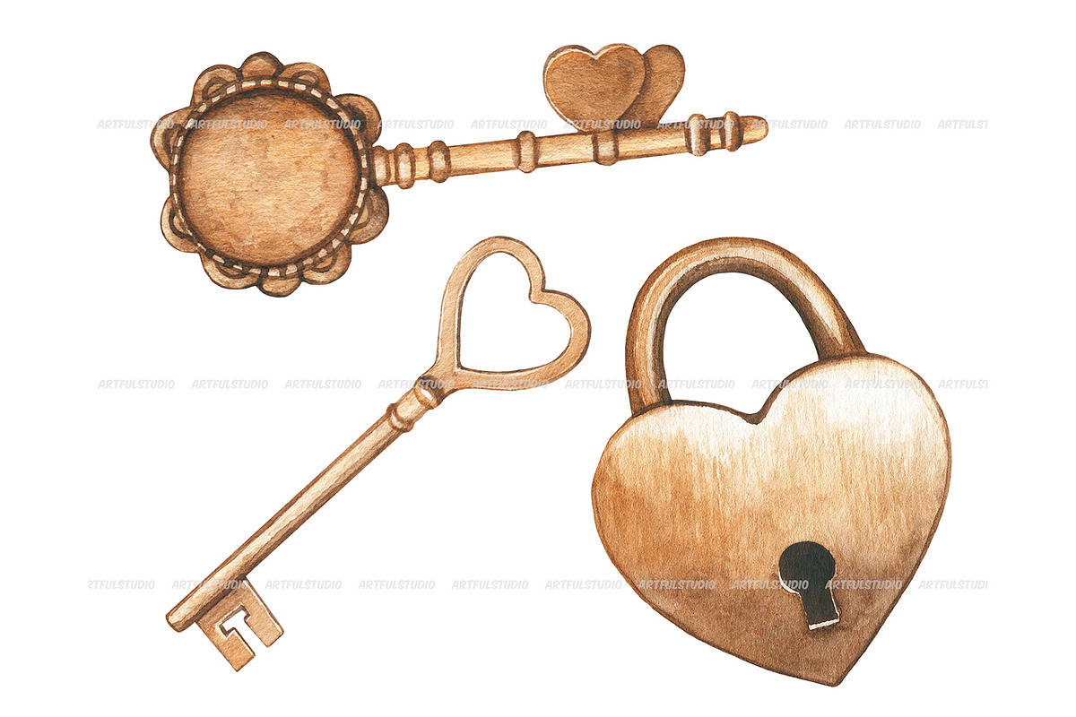 Watercolor vintage Keys and locks, an Object Illustration by ArtfulStudio (Photo 4 of 8)