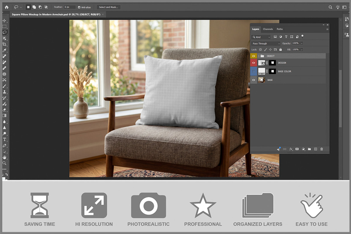Square Pillow In Modern Armchair PSD, a Household Mockup by Bruno's Shop (Photo 2 of 3)