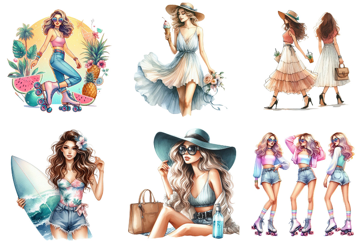 Watercolor Summer Girl Clipart, a Seasonal Illustration by DreamArtGraphic (Photo 4 of 4)