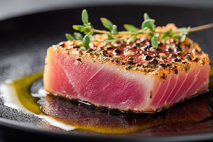 Freshly seared tuna steak garnished with herbs and olive oil on a dark plate, a Food & Drink Photo by AlyaAnd