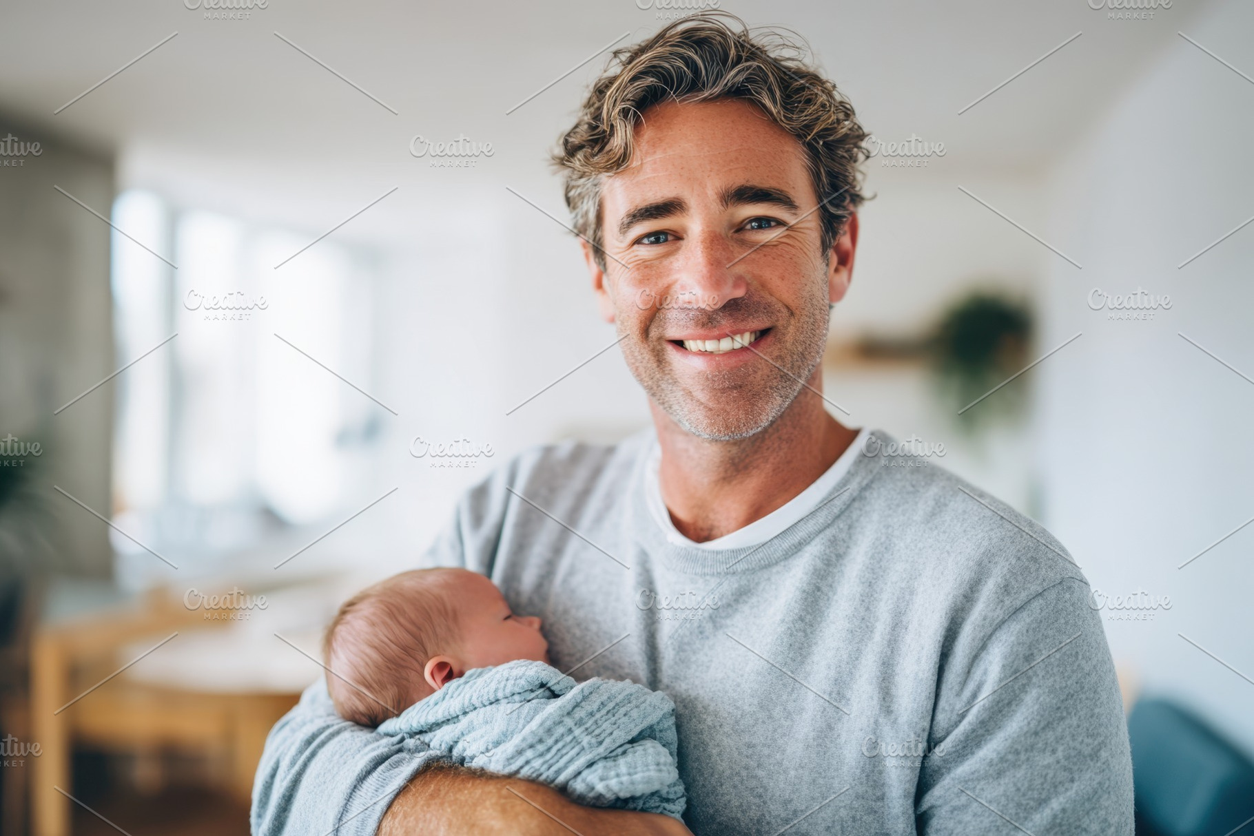 Father holding sleeping newborn in a cozy setting, a Person Photo by AlyaAnd