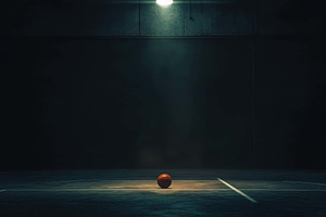 Basketball resting in a dimly lit gy, a Photo by Tanuart