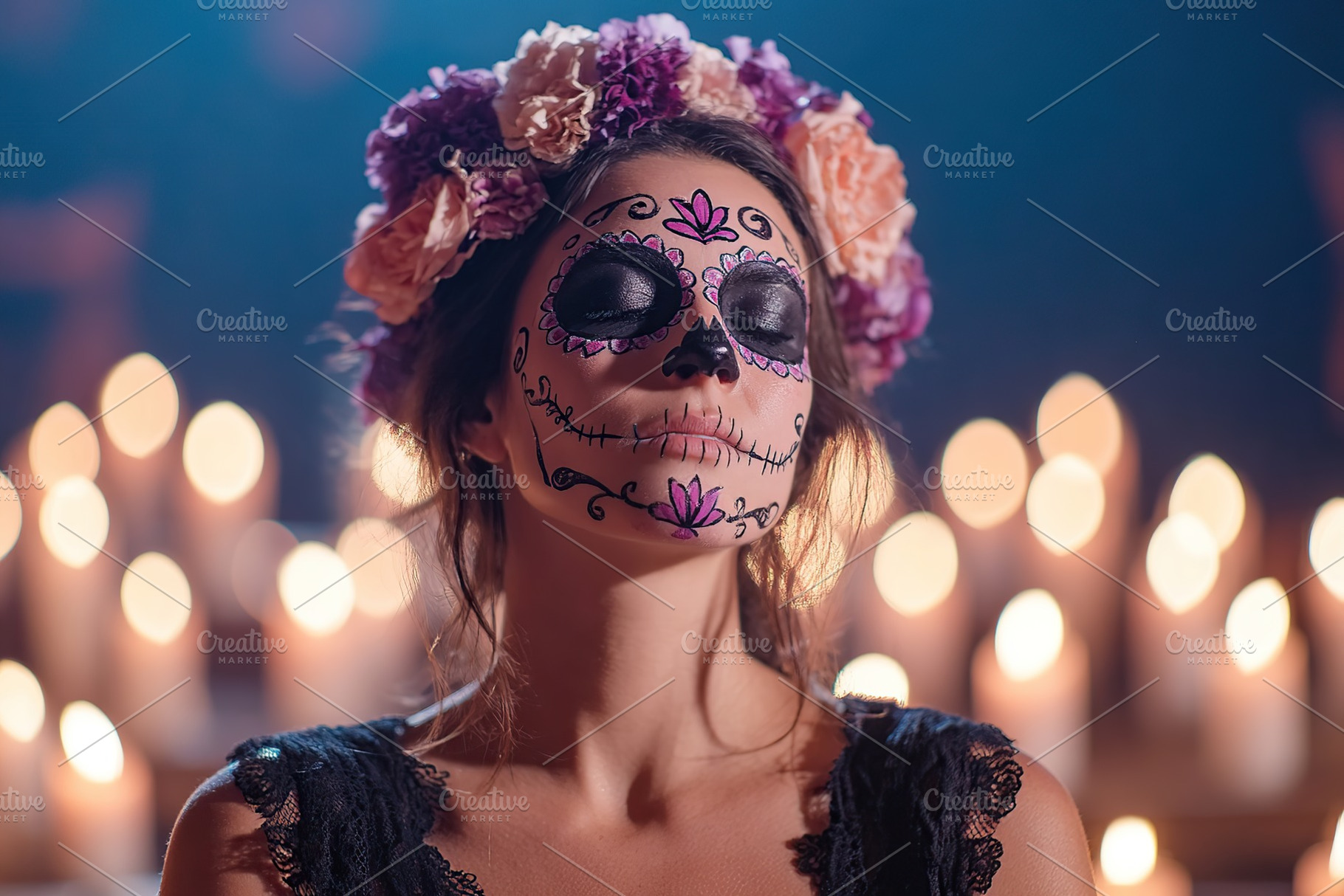 Woman with sugar skull makeup and flower crown celebrates Day of the Dead in a, a Holiday Photo by AlyaAnd