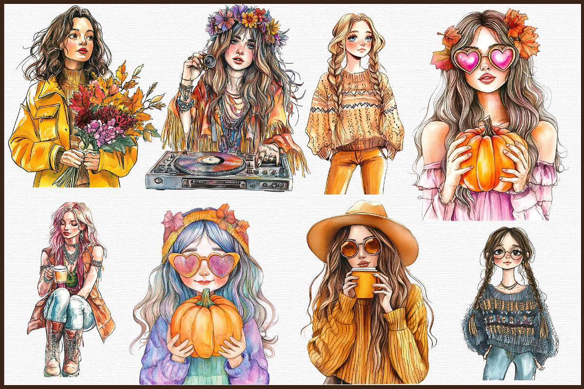 Vintage Fall Hippie Girl Clipart Bun, an Illustration by Sublimation Artist (Photo 3 of 6)