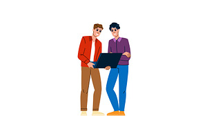 Two smiling men holding laptop and, a Person Illustration by pikepicture