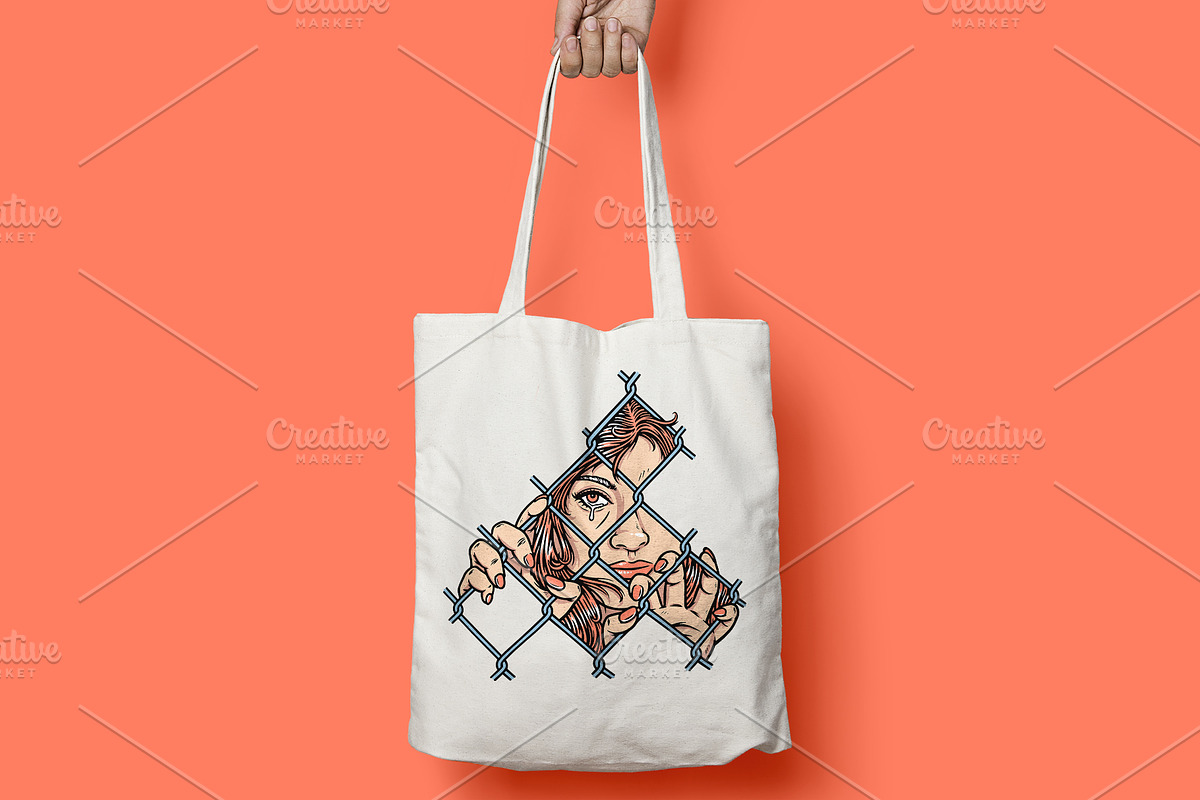 sad face of woman behind metal fence, a Person Illustration by gunaonedesign (Photo 4 of 4)