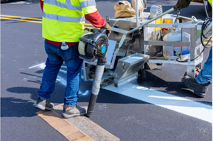 Road worker painting white line on, an Industrial Photo by Ungvar Studio